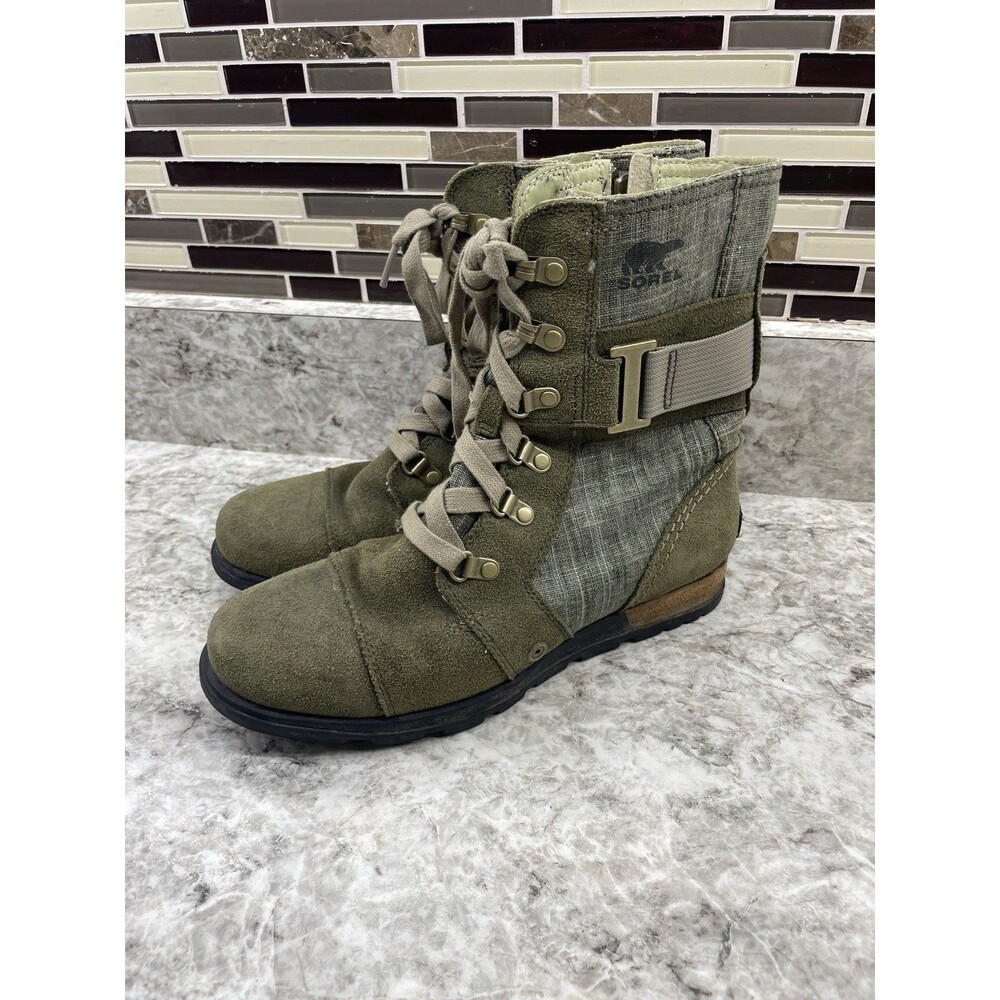 Sorel Major Carly Olive Green Suede Combat Boots Women Size 6.5 Zipper NL 2158